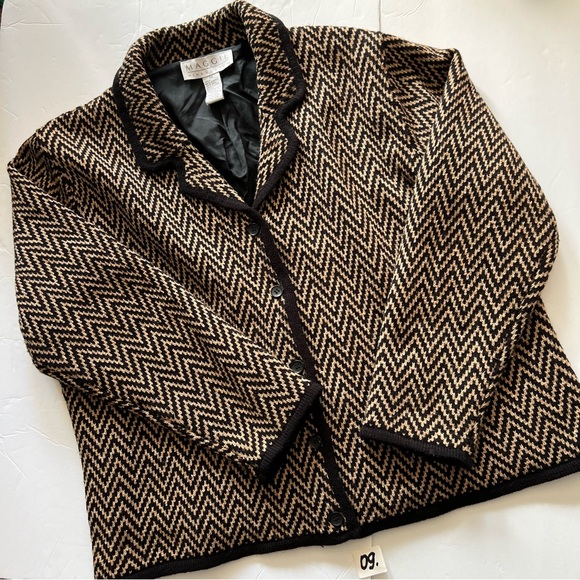 Wool Blend Knit Sweater Cardigan Women’s 1X Brown Black Chevron Lined - Picture 13 of 16
